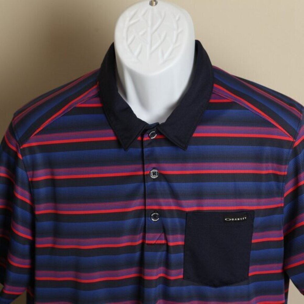 ⛳ Oakley Golf Mens Blue Red Striped Polo Shirt 🏌️♂️ Short Sleeve Medium M EUC